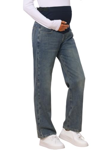 Maternity Jeans Denim Straight Leg Over the Belly Pregnant Casual Pants - color: Grey, size: Medium