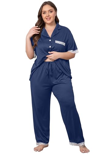 Vozanet Women Short Sleeve Long Pants Pajama Sets Lace Trim Button Down Sleepwear Plus Size Knit Loungewear Sexy Nighty - color: Navy, size: X-Large