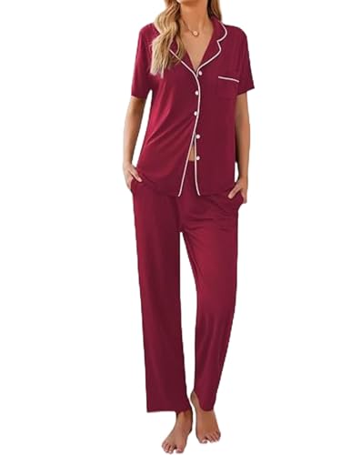 Ekouaer Womens Pajamas Set Short Sleeve Button Down Top & Pants Lounge Pjs - color: Red, size: X-Large