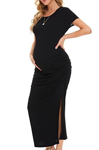 Smallshow Women's Split Long Short Sleeve Maternity Dress - color: Black, size: Large