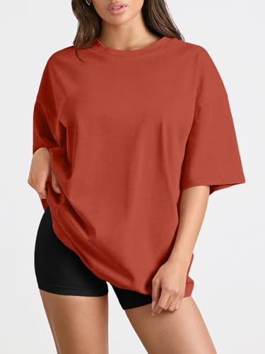 Trendy Queen Womens Oversized T-Shirts Short Sleeve Crew Neck Summer Tops - color: Brickred, size: X-Small