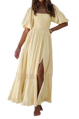 R.Vivimos Women's Summer Square Neck Smocked Slit Maxi Dress - color: Light Yellow, size: Medium