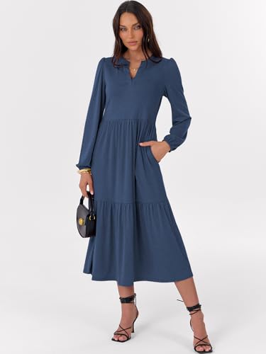 ANRABESS Women's Long Sleeve Fall Flowy Boho Maxi Dresses - color: Blue, size: X-Large