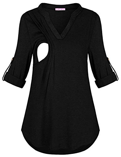 Joymom Maternity Rolled Long Sleeve Nursing Tops Tunic Blouses Breastfeeding - color: 4-1 Black, size: Medium