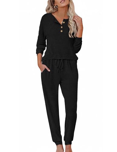 Ekouaer Womens Pajama Sets Long Sleeve Henley Neck Pj Sets Loungewear 2pcs - color: Black, size: Small