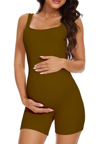 BDITANLE Maternity Workout Romper Pregnancy Yoga Ribbed One Piece Seamless Tank Top Jumpsuit - color: 05brown, size: Medium
