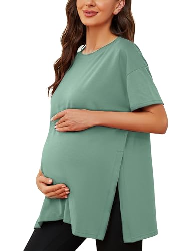 Ecavus Maternity Shirts Side Split Soft Cotton Loose Fit Pregnancy Tops - color: Green, size: Medium