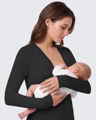 G4Free Lyocell Maternity Shirts Long Sleeve Button Front Henley Neck Ruched - color: Black, size: Large