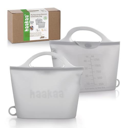 Haakaa On-The-Go Silicone Microwave Steam Sterilizer Bags for Travel, 40oz/1250ml Reusable Silicone Steaming Bags for Baby Bottles, Breast Pump, Accessories, Pacifiers, Teethers, Grey/2PCS - color: Grey 2PCS, size: 1250ML