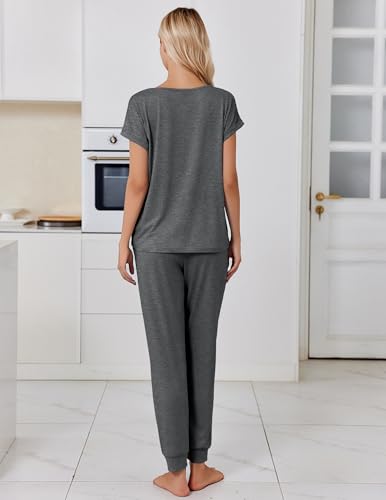 Ekouaer Womens Pajama Sets 2 Piece Lounge Set Short Sleeve Jogger Pants Pjs - color: Dark Grey, size: Medium