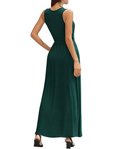 LILBETTER Women Sleeveless Deep V Neck Loose Plain Long Maxi Casual Dress - color: 01 Dark Green, size: Small