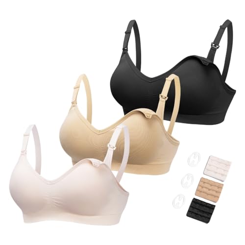 HOFISH Maternity Nursing Bras for Breastfeeding, 3 Pack Pregnancy Deep V Neck Wireless Bra with Extenders & Clips - color: Fixed Pad(pink-black-beige), size: X-Large