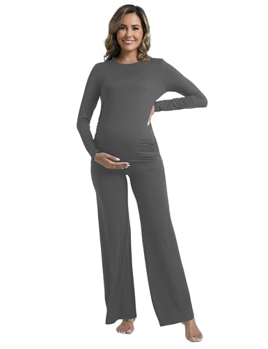 Womens Maternity Pajamas 2 Piece Set Sleepwear - color: Dark Grey, size: Large