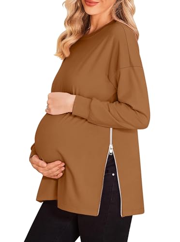 Women's Maternity Shirts Long Sleeve Sweatshirt Zipper Split Side Pregnancy Casual Tunic Top - color: Coffee, size: Medium