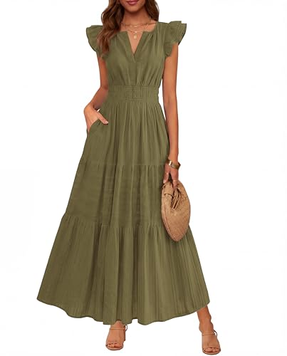 BTFBM Womens Summer Casual Ruffle Sleeve Maxi Dress - color: Army Green, size: Medium