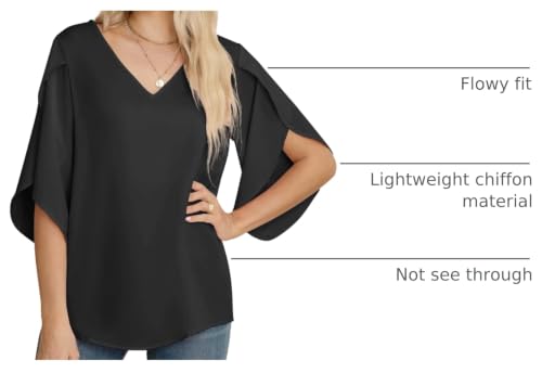 Jouica Women's 3/4 Ruffled Sleeve Blouses Summer Chiffon Casual Loose Tops - color: 01black, size: Medium