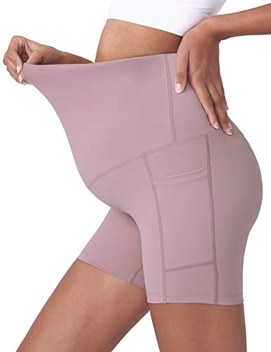 POSHDIVAH Maternity Biker Shorts Over the Belly with Pockets 5"/8" - color: Pink, size: Medium
