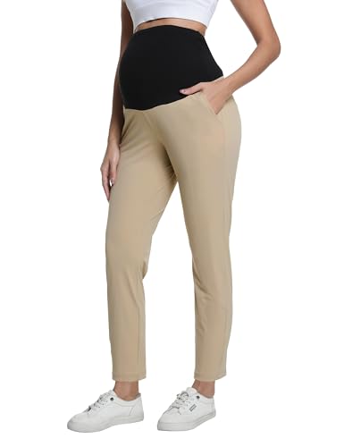 V VOCNI Maternity Pants Work Dress Pockets Ankle Pregnancy Scrub Pants - color: Khaki, size: X-Large