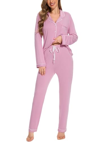 Button Up Pajamas for Women Long Sleeve Sleepwear Soft Loungewear Ladies Pjs Set XS-XXL - color: Bean Paste, size: Medium