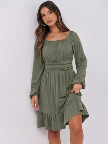 ANRABESS Women Long Lantern Sleeve Square Neck Fall Short Dress - color: Army Green, size: XX-Large
