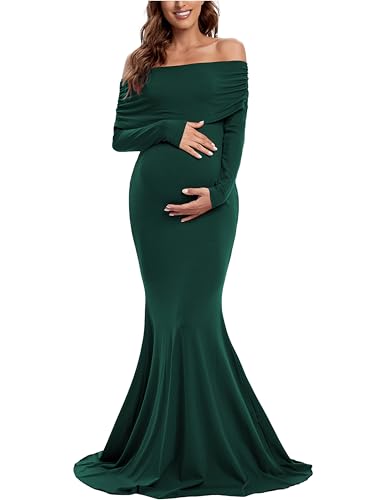 Glampunch Off Shoulder Maternity Dress for Photoshoot,Ruched Maternity Gown - color: Hunterbr, size: Large