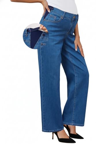 OUGES Women’s Maternity Jeans Adjustable Waistband Wide Leg Work Pants - color: Blue, size: XX-Large