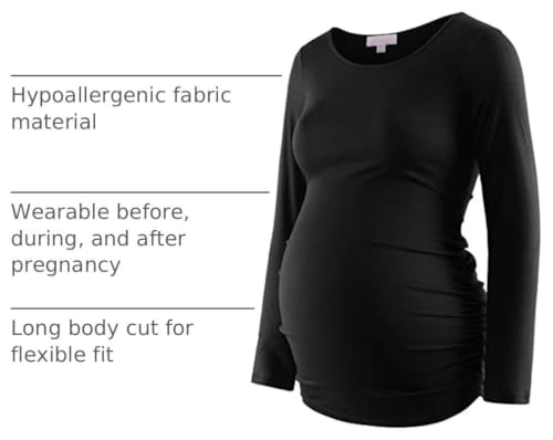 Maternity Shirt Long Sleeve Basic Top Ruch Sides Bodycon Tshirt for Pregnant Women - color: Black, size: Large