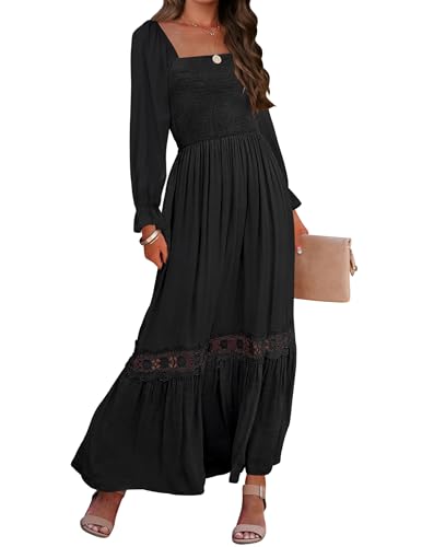 ZESICA Women's 2026 Boho Long Sleeve Fall Maxi Dress - color: Black, size: Large