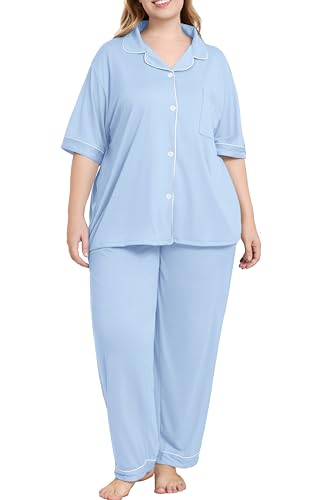 Women Plus Size Button Down Pajamas Long Pants Lounge Sets PJS - color: Sky Blue, size: XX-Large