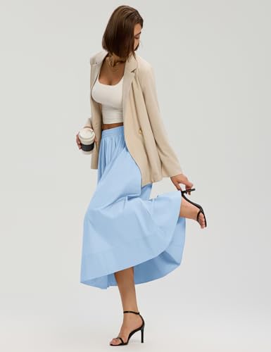 LOMON Midi Skirts for Women with Pockets A-Line Cotton Flowy Elastic Waist - color: Sky Blue, size: Small