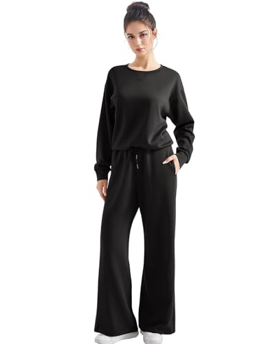 SUUKSESS Women Modal 2 piece outfits Oversized Sweatshirt Wide Leg Pants - color: Black, size: Medium