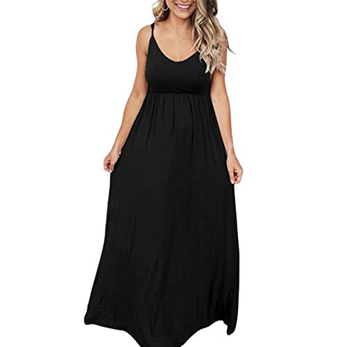 PRIMODA Women's Summer Casual Sleeveless V Neck Adjustable Spaghetti Strap Maxi Long Dress - color: Black, size: Medium