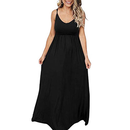 PRIMODA Women's Summer Casual Sleeveless V Neck Adjustable Spaghetti Strap Maxi Long Dress - color: Black, size: XX-Large