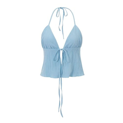Women Front Tie Top Y2k Halter Neck Flowy Summer Going Out Tank Top Streetwear - color: A Blue, size: Medium