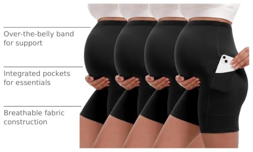 Siimcuzy 4 Pack Women's Maternity Shorts with Pockets Over the Belly - color: 4 Black, size: Medium