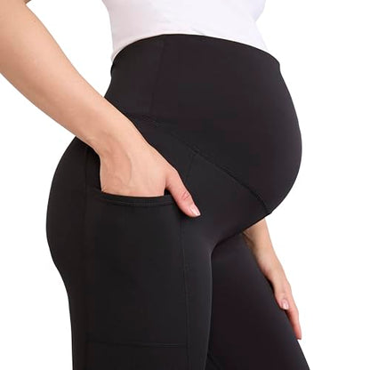 Motherhood Maternity Women's Over the Belly Workout Activewear Pregnancy Leggings with Pockets - color: Black, size: X-Small