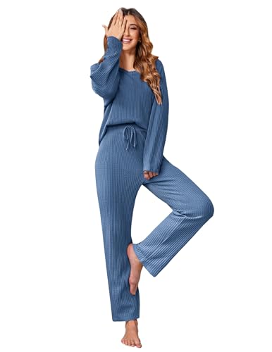 Ekouaer Waffle Knit Pajama Sets Comfy Lounge Sets 2 Piece Matching Pj Sets - color: Blue, size: Medium