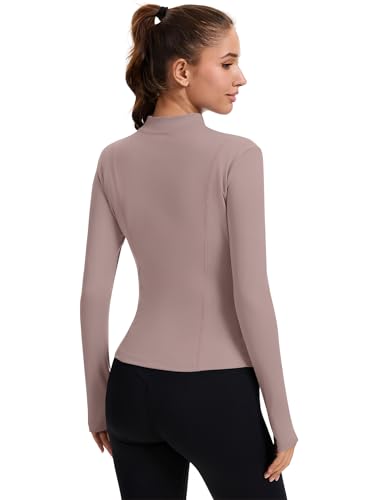 Rapbin Women's Full Zip Workout jackets Runing Slim Fit Athletic Tops With Thumb Holes - color: Cream Coffee, size: Large