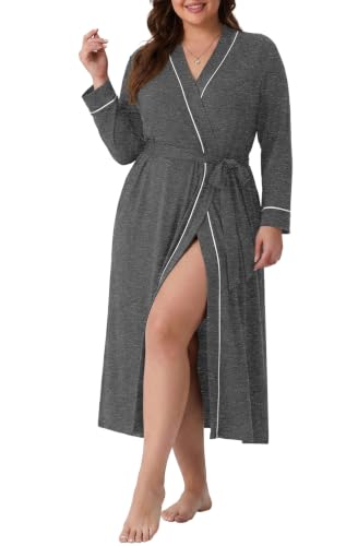 OLRIK Womens Plus Size Robe Long Knit Bathrobe V Neck Loungewear - color: Dark Gray, size: 2X