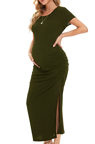 Smallshow Women's Split Long Short Sleeve Maternity Dress - color: Army Green, size: Medium