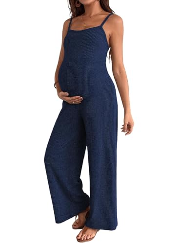 BLENCOT Maternity Ribbed Jumpsuit Stretchy One Piece Wide Leg Romper - color: Navy Blue, size: Small