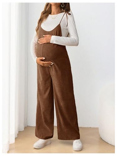 OYOANGLE Women's Maternity Overalls Spaghetti Strap Pregnancy Jumpsuits - color: Brown, size: X-Large