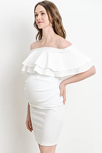 LaClef Women's Off Shoulder Maternity Dress with Double Ruffle - color: Off-white, size: Small