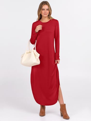 ANRABESS Women's Long Sleeve Fall Maxi T-Shirt Dress with Pockets - color: Bright Red, size: Medium