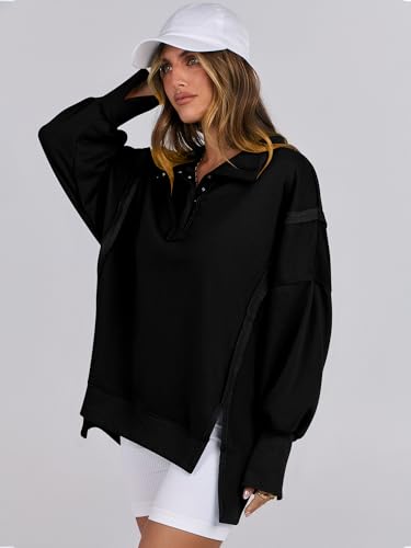ANRABESS Sweatshirt for Women Oversized Casual Fall Henley Pullover Top - color: Black, size: Medium