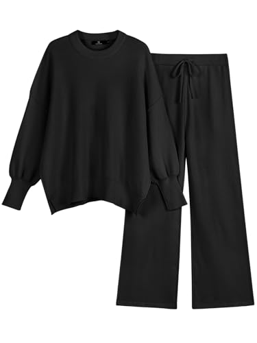 LILLUSORY Women 2 Piece Matching Lounge Sweater Sets 2026 Fall Outfit - color: Black, size: Medium