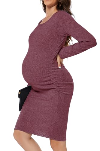 Smallshow Women's Knit Maternity Dress Long Sleeve Pregnancy Clothes - color: Maroon, size: X-Large