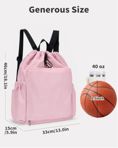 Drawstring Backpack with Shoe & Wet Compartments, Cup & Ball Holders, Pink - color: Pink