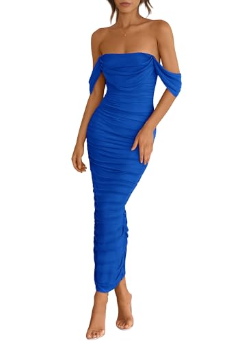 PRETTYGARDEN Womens Off Shoulder Maxi Wedding Guest Dress - color: Blue, size: Small