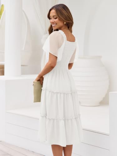 LILLUSORY Women Tiered Flutter Sleeve Square Neck Smocked Midi Dress - color: White, size: Medium